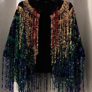 PrettyLittleThing Black Jacket with multi color Sequin strings rainbow - size 10